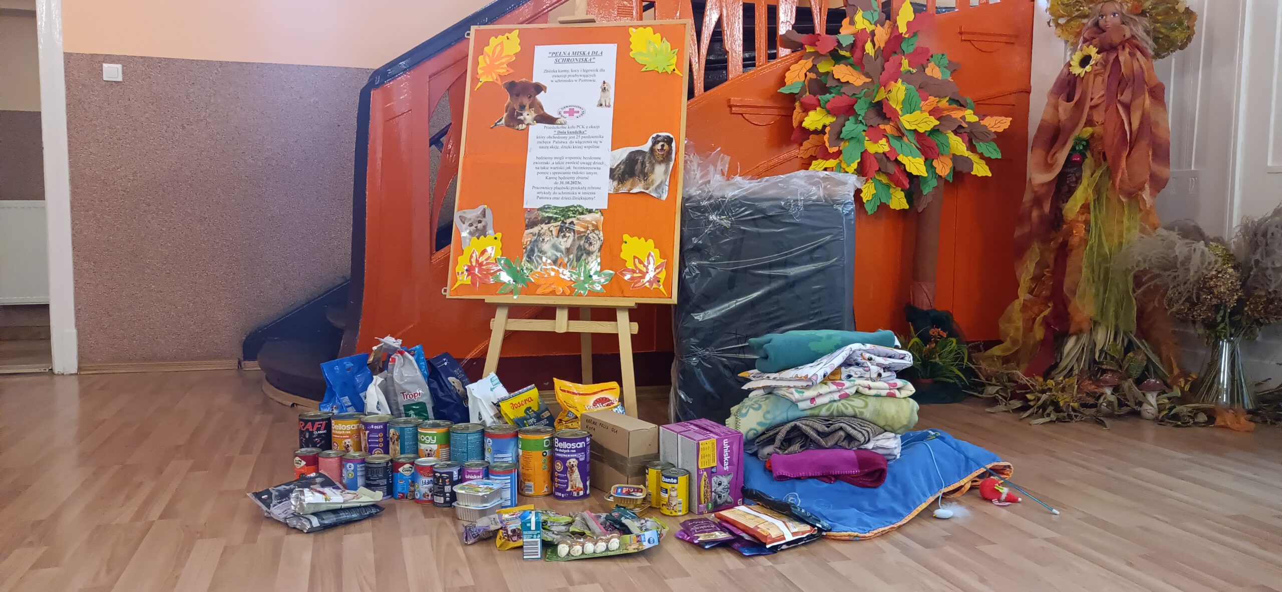 Zebrana żywość i koce.